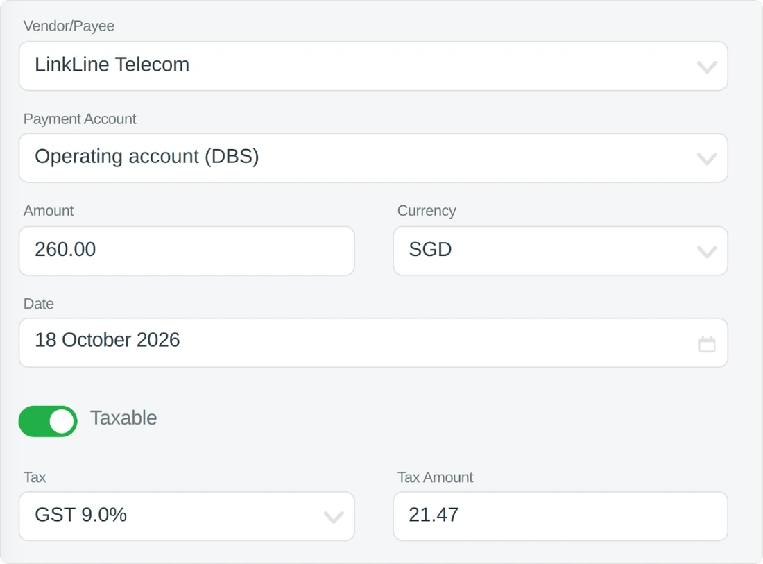 ஒரு Saltmarsh செலவு: LinkLine Telecom, SGD 260.00, GST 9%