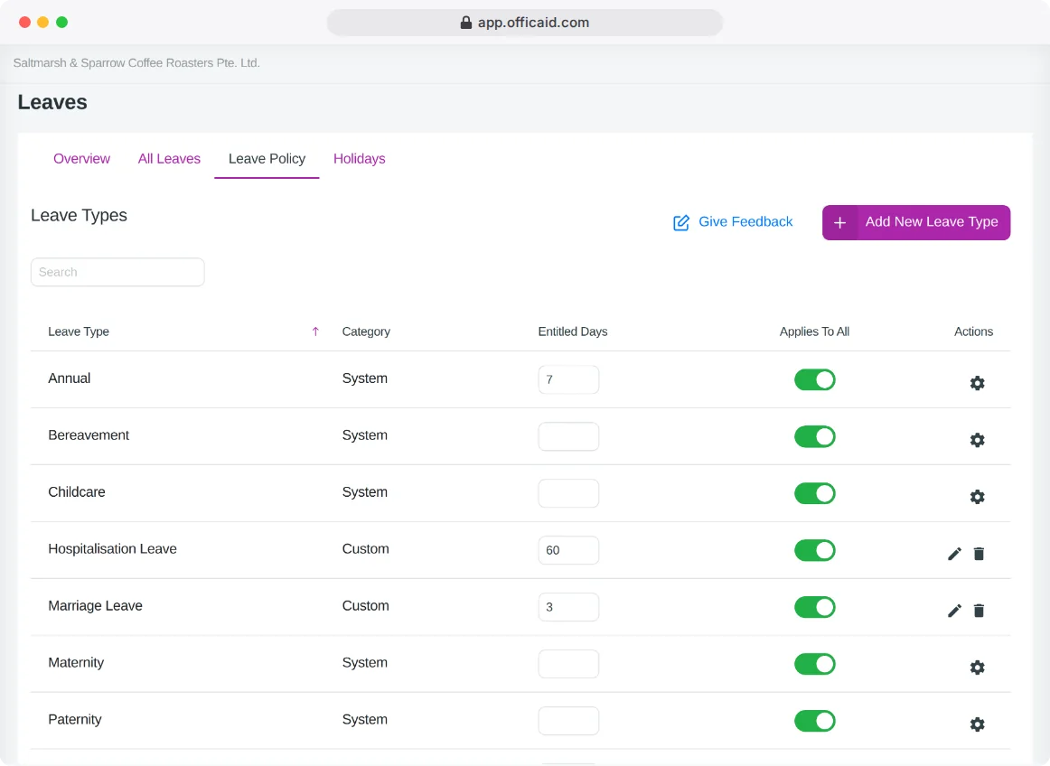 விடுப்புகள், விடுப்பு கொள்கை: ஒவ்வொரு விடுப்பு வகையும் அதன் உரிமை நாட்களுடன், அனைவருக்கும் பொருந்தும் சுவிட்ச்
